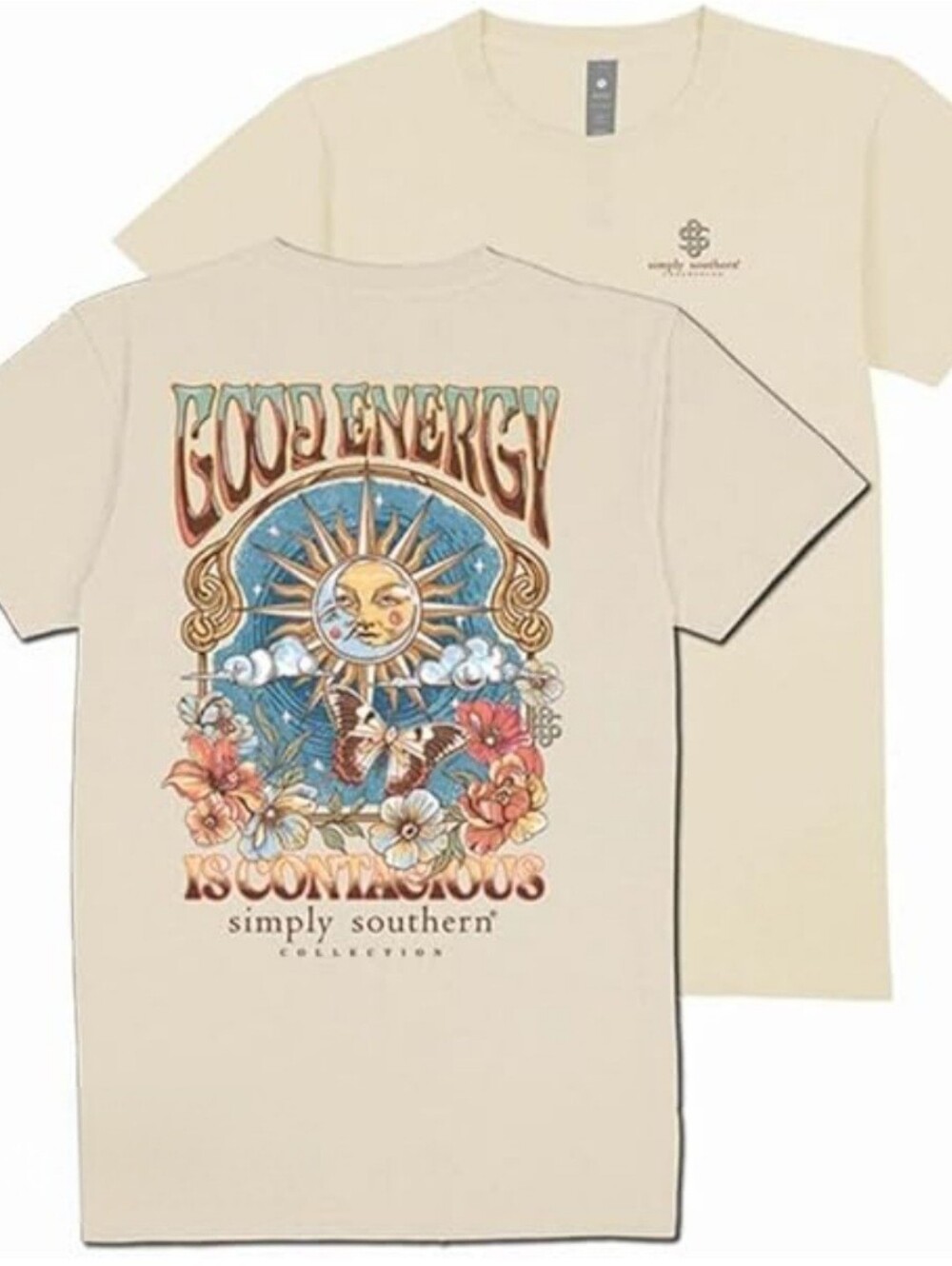 🌜🌞EUC Simply Southern "Good Energy Is Contagious🦋 Graphic T-Shirt" Beige XXL